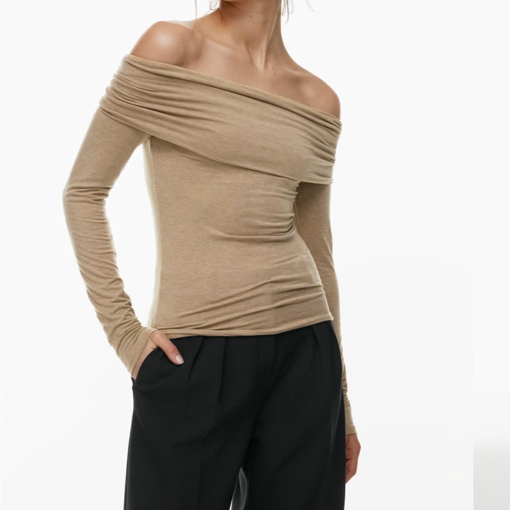 Babaton Tan Long Sleeve Off-Shoulder Top